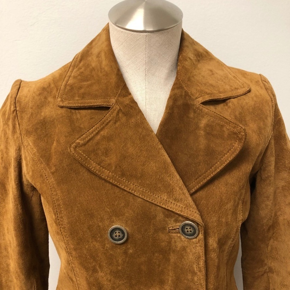 Zara Basic Suede Jacket Womens S Small Brown Double Breasted Pea Coat Blazer - Picture 2 of 8